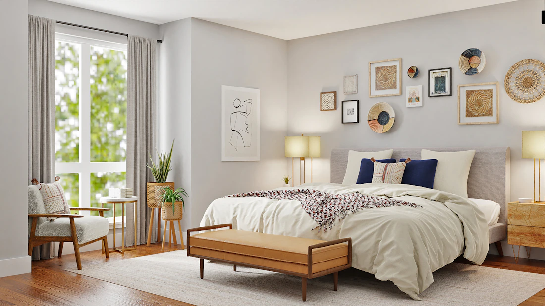 Bedroom with a soft neutral rug and comfortable furnishings