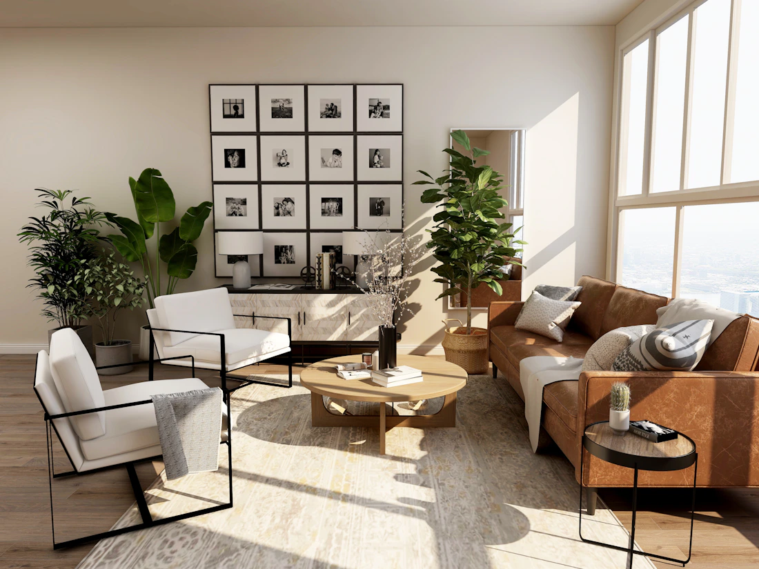 Warm living room with wood flooring and a patterned rug