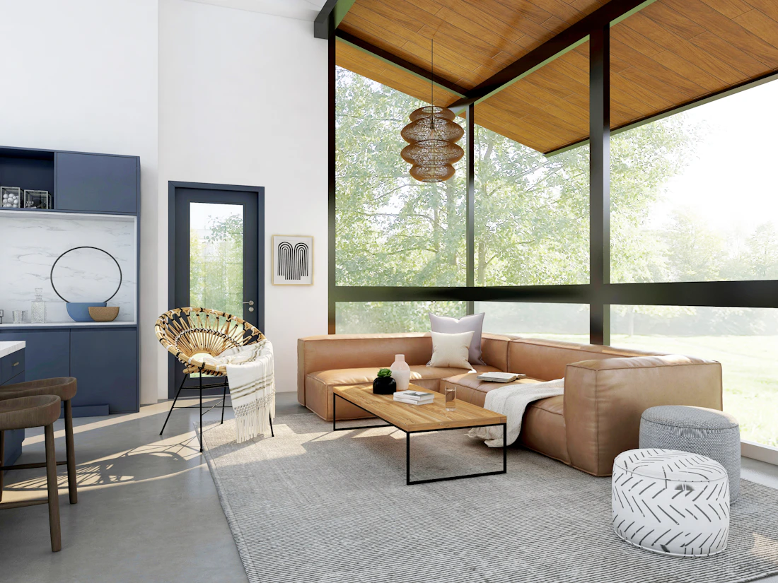 Modern living room with broad windows and natural finishes